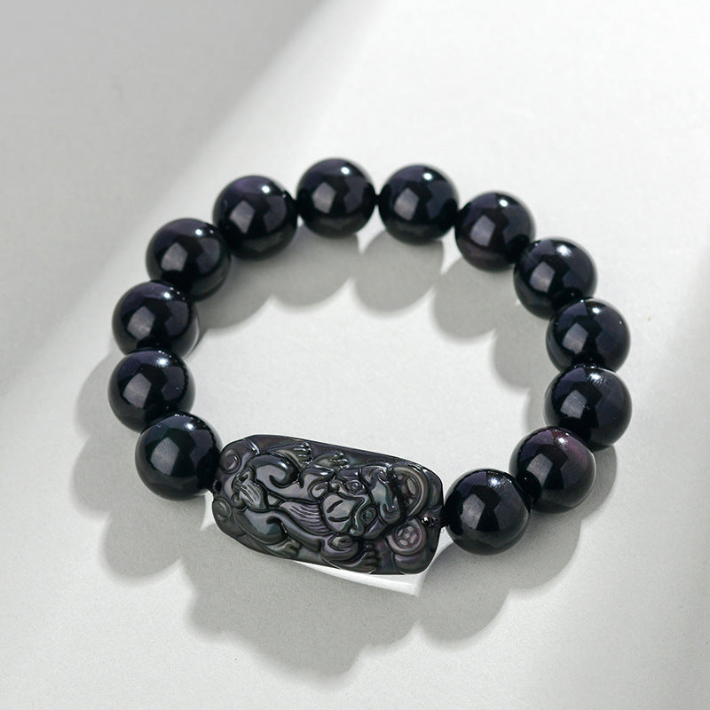 Natural Rainbow Eye Obsidian Pixiu Bracelet - Wealth and Protection Talisman for Couples