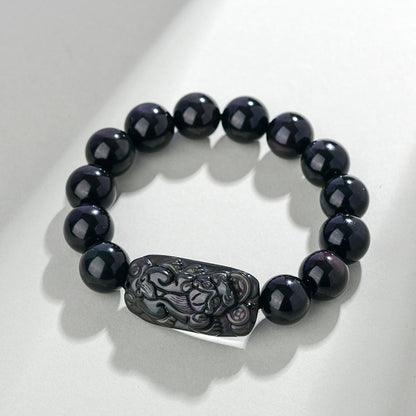Natural Rainbow Eye Obsidian Pixiu Bracelet - Wealth and Protection Talisman for Couples