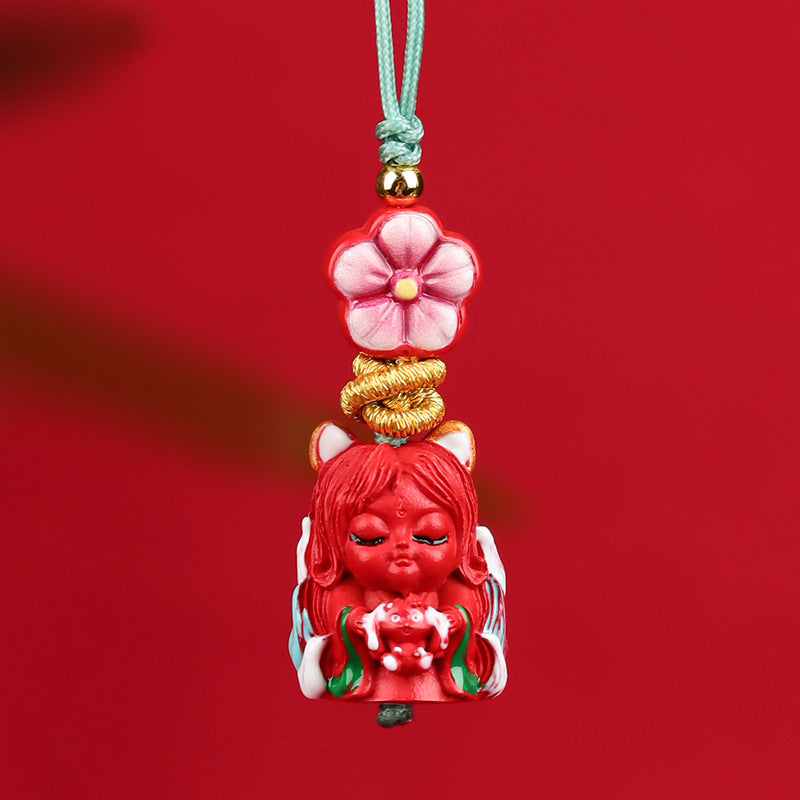 Natural Cinnabar Lucky Cat Nine-Tailed Fox Phone Charm - Wealth & Protection Amulet