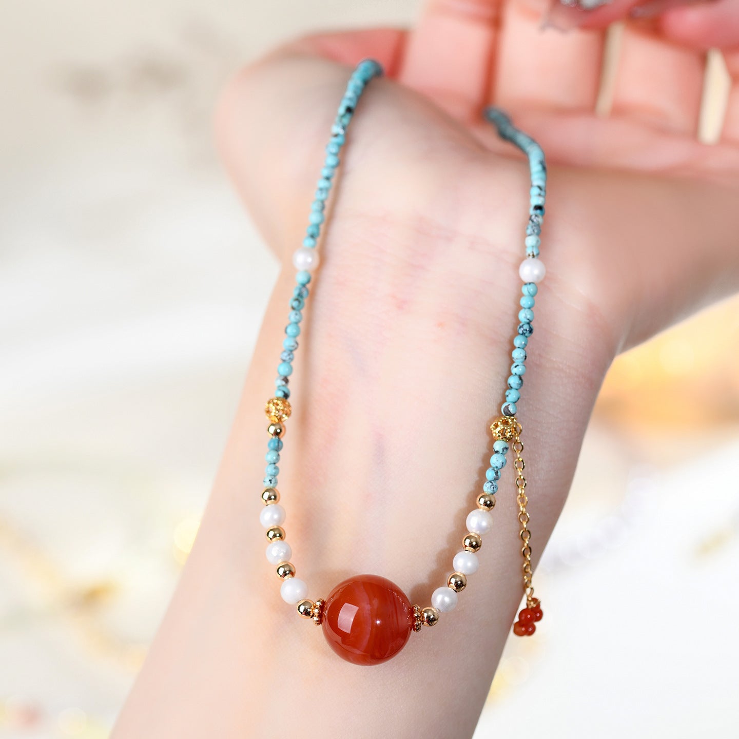 Natural Turquoise and Red Agate Collarbone Chain - Women's Spiritual Protection Necklace
