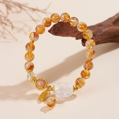 Natural Yellow Pagoda Crystal & White Crystal Pixiu Bracelet - Lucky Charm for Women