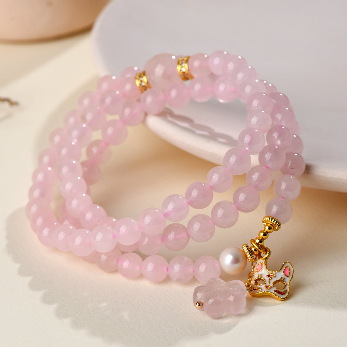 Natural Madagascar Pink Crystal Multi-Circle Love Bracelet with Fox Mask Charm