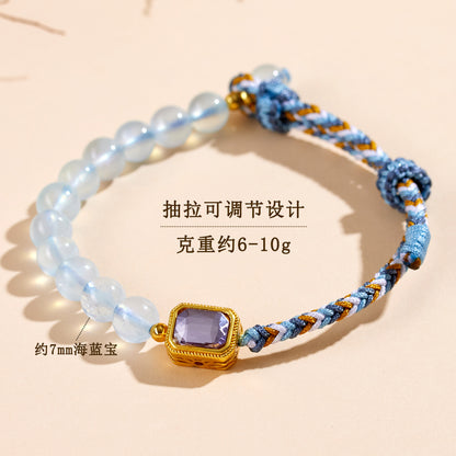 Natural Aquamarine Crystal Handmade Braided Bracelet | Chinese Style Spiritual Protection Jewelry