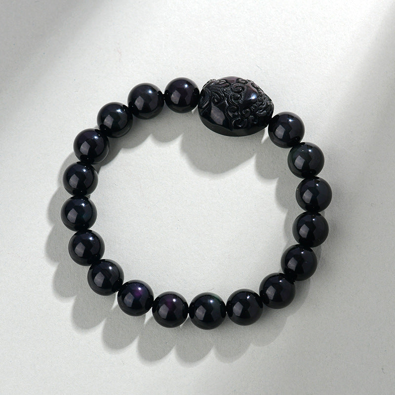 Natural Rainbow Eye Obsidian Pixiu Bracelet - Wealth and Protection Talisman for Couples