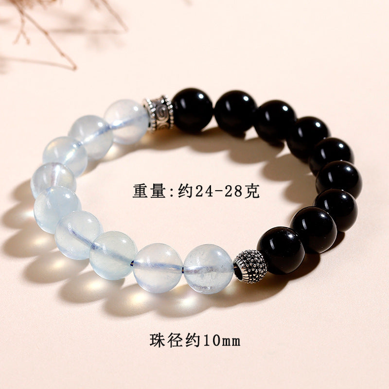 Natural Obsidian Aquamarine Crystal Bracelet - Couple Spiritual Harmony & Protection