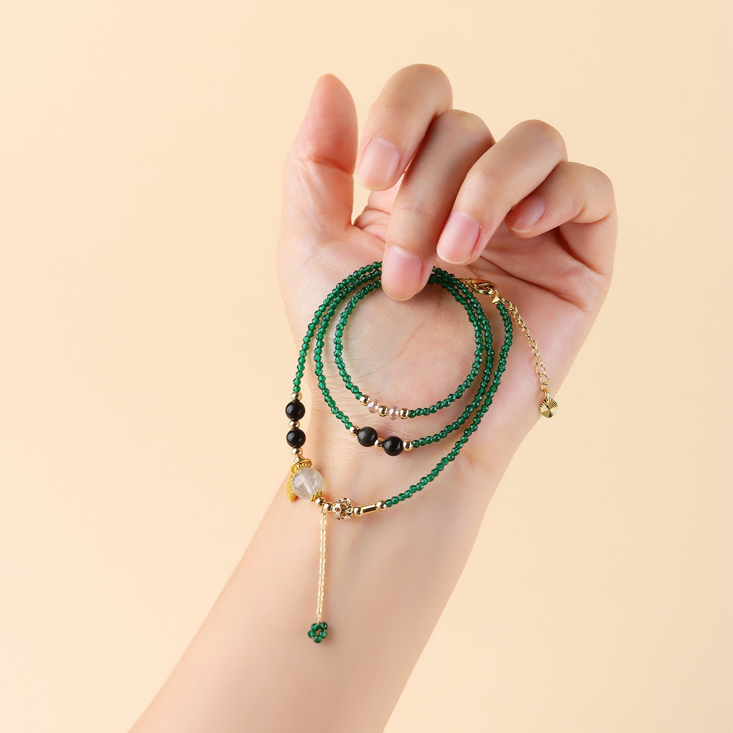 Obsidian Green Strawberry Crystal Multi-Circle Bracelet – Adjustable Spiritual Jewelry for Women