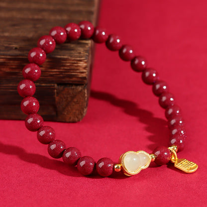Natural Purple Gold Sand Gourd Bracelet with Zodiac Charm - Retro Chinese Style Cinnabar Amulet