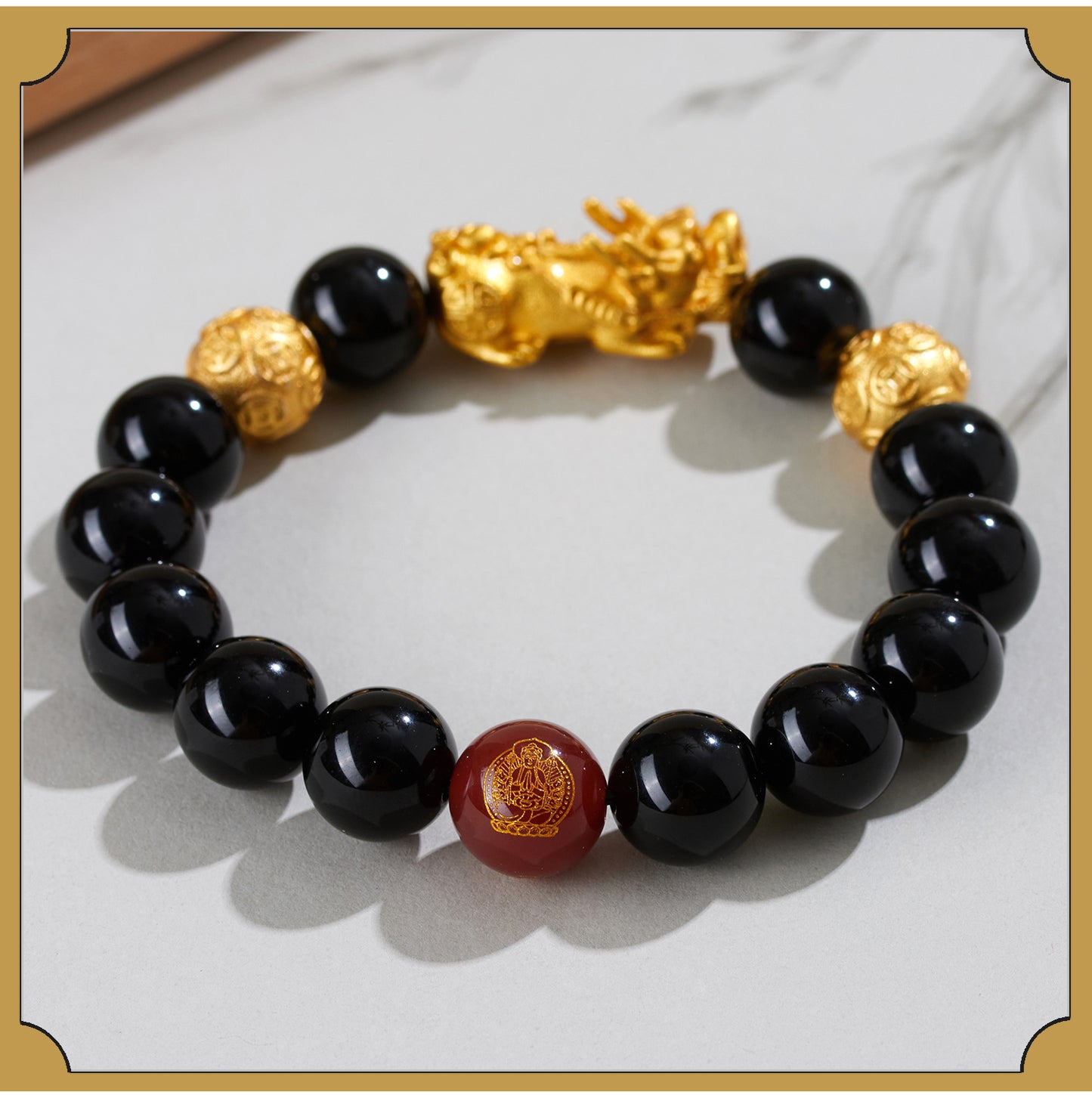 Natural Obsidian Gold Pixiu Zodiac Buddha Bracelet for Wealth Protection and Spiritual Harmony