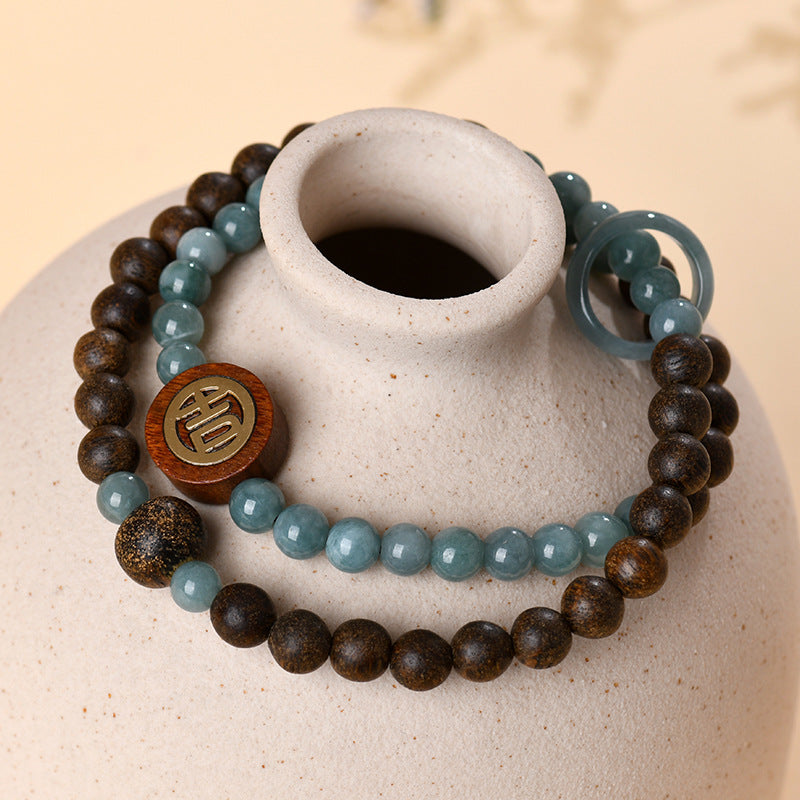 Agarwood Blue Jade Double Circle Bracelet | Zen Meditation & Wealth Attraction Charm