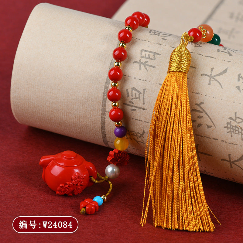 Imperial Red Cinnabar Teapot Car Pendant - Spiritual Protection & Wealth Charm