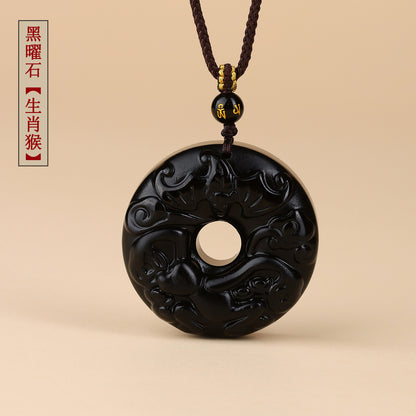 Natural Obsidian Zodiac Peace Buckle Pendant | Spiritual Protection & Fortune Necklace