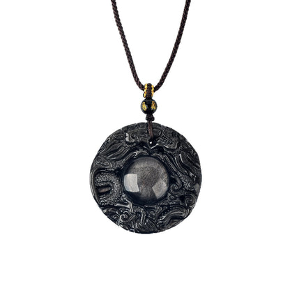 Natural Obsidian Double Dragon Guardian Pendant for Zodiac Year Protection and Good Fortune
