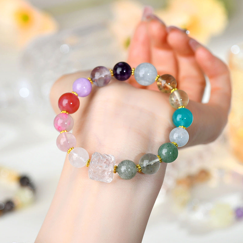 Natural White Crystal Phoenix Peony Multi-Gem Bracelet - Colorful Macaron Design for Women