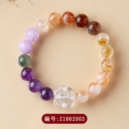 Natural White Crystal Lucky Cat Multi-Gem Bracelet | Wealth & Luck Charm for Women