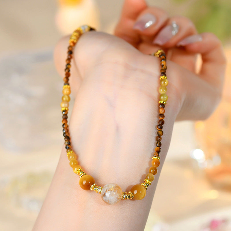 Natural Yellow Tower Crystal & Tiger Eye Three-Circle Necklace Bracelet for Women | Wealth & Protection Talisman