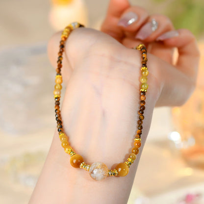 Natural Yellow Tower Crystal & Tiger Eye Three-Circle Necklace Bracelet for Women | Wealth & Protection Talisman
