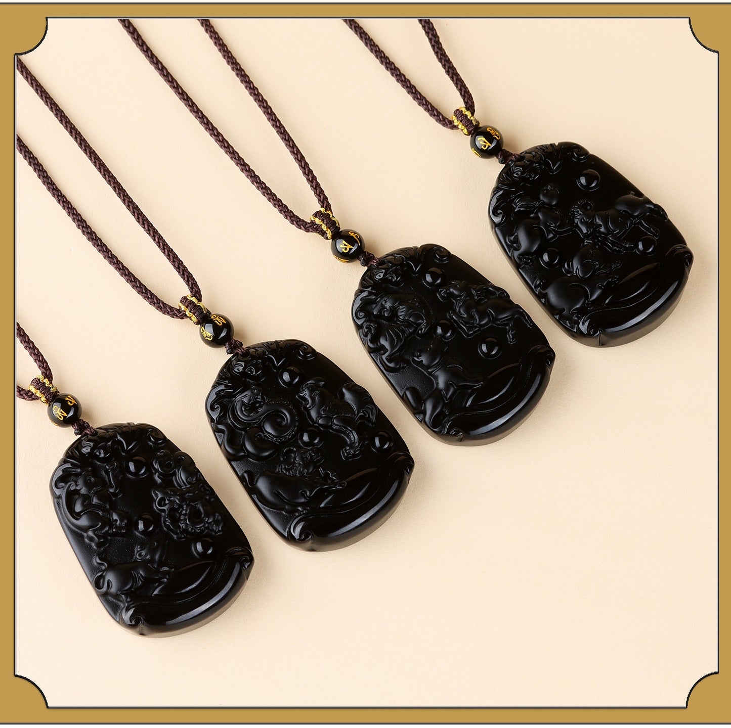 Natural Ice Obsidian Zodiac Triad Pendant Necklace｜Birth Year Protection & Harmony