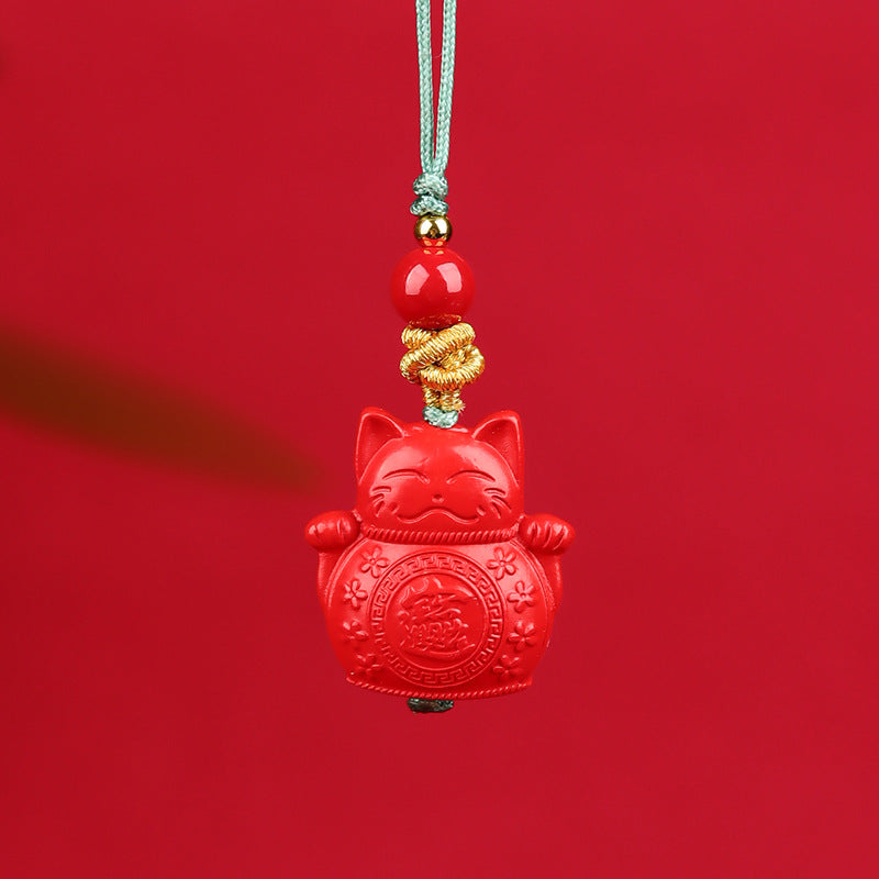 Natural Cinnabar Lucky Cat Nine-Tailed Fox Phone Charm - Wealth & Protection Amulet