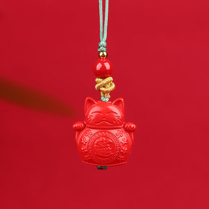 Natural Cinnabar Lucky Cat Nine-Tailed Fox Phone Charm - Wealth & Protection Amulet