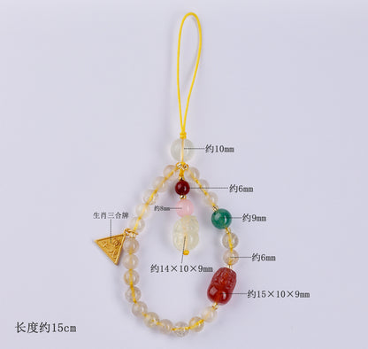 Twelve Zodiac Three-in-One Pixiu Phone Chain with Natural Yellow Rutilated Quartz Crystal Pendant