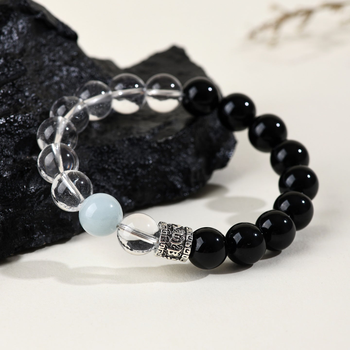 Pure White Crystal Obsidian Aquamarine Bracelet | Spiritual Cleansing & Elegant Protection