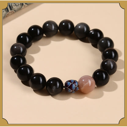 Natural Obsidian Sunstone Couple's Meditation Bracelet | Protection & Harmony Energy