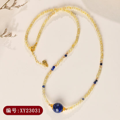 Natural Golden Rutilated Quartz Lapis Lazuli Collarbone Necklace | Wealth & Wisdom Talisman for Women