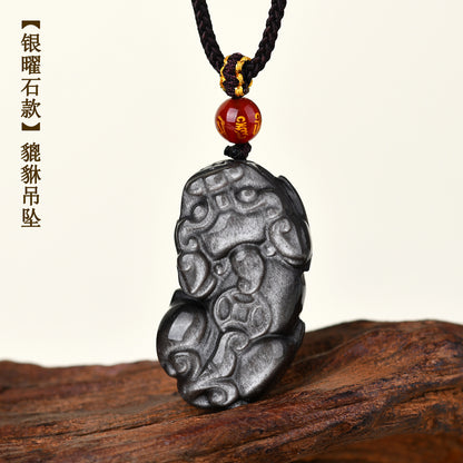 Natural Black Obsidian Pixiu Pendant with Copper Coin and Ruyi Carving - Wealth and Protection Amulet