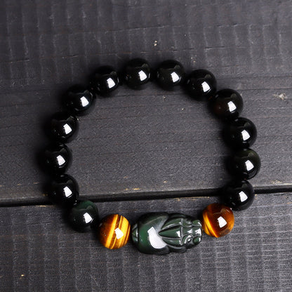 Natural Crystal Obsidian Pixiu Tiger Eye Bracelet - Ethnic Unisex Couple Spiritual Jewelry