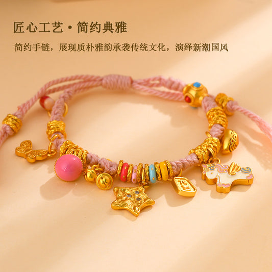 Golden Hammered Star Unicorn Coiled Braided Bracelet with Pink Tibetan Style