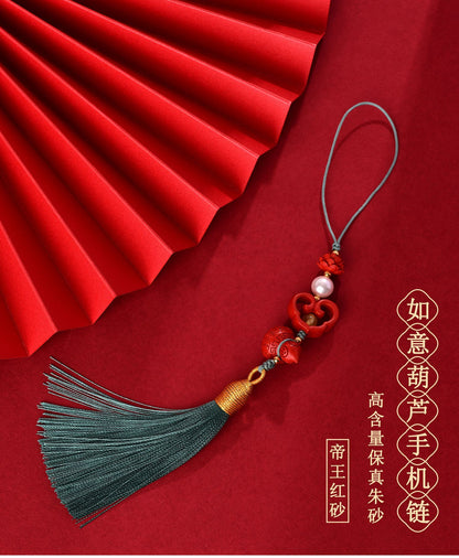 Natural Imperial Red Cinnabar Ruyi Gourd Phone Charm – Protection & Prosperity Talisman