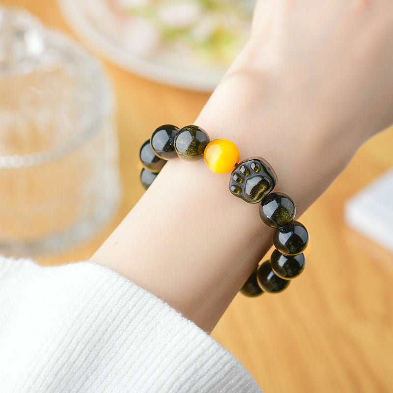 Golden Obsidian Tiger Eye Cat Claw Bracelet | Dual Energy Protection & Wealth Attraction