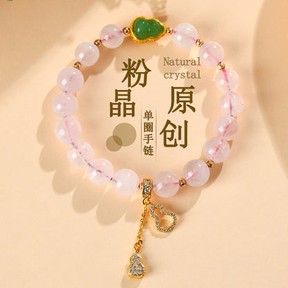 Natural Pink Quartz Gourd Tassel Bracelet | Peach Blossom Love Charm for Women