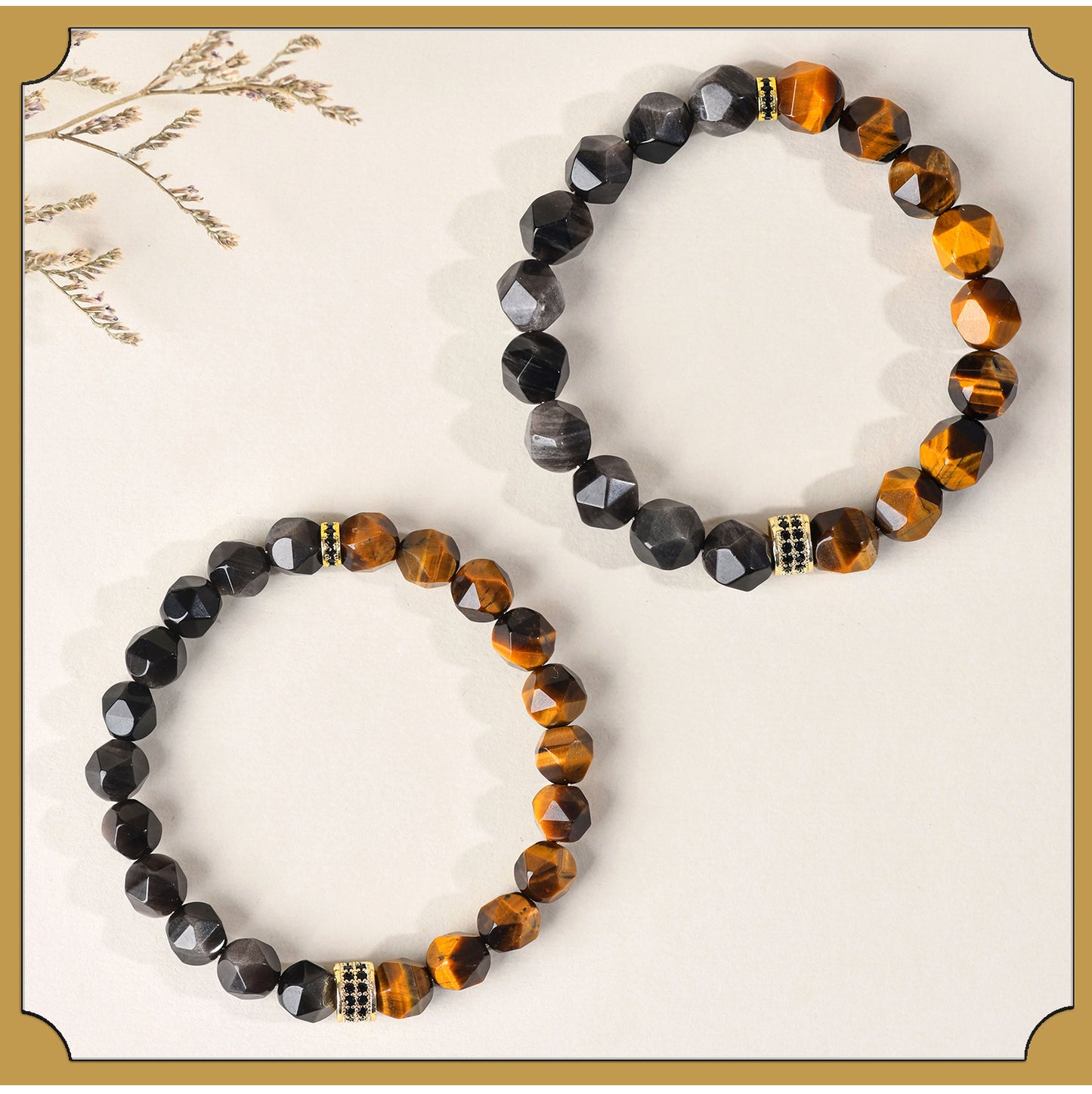 Golden Tiger Eye and Obsidian Faceted Irregular Bracelet - Unisex Couple Protection Charm