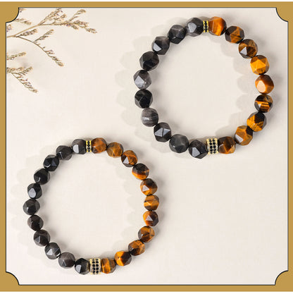 Golden Tiger Eye and Obsidian Faceted Irregular Bracelet - Unisex Couple Protection Charm