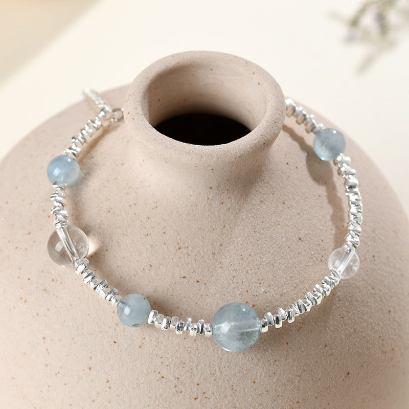 Natural Aquamarine White Crystal Fragment Silver Bracelet | Protection Elegance Women's Spiritual Jewelry