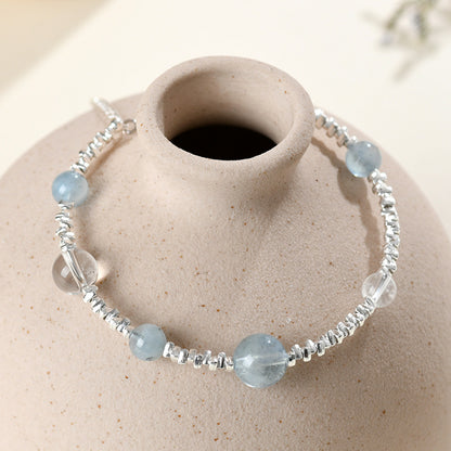 Natural Aquamarine White Crystal Fragment Silver Bracelet | Protection Elegance Women's Spiritual Jewelry