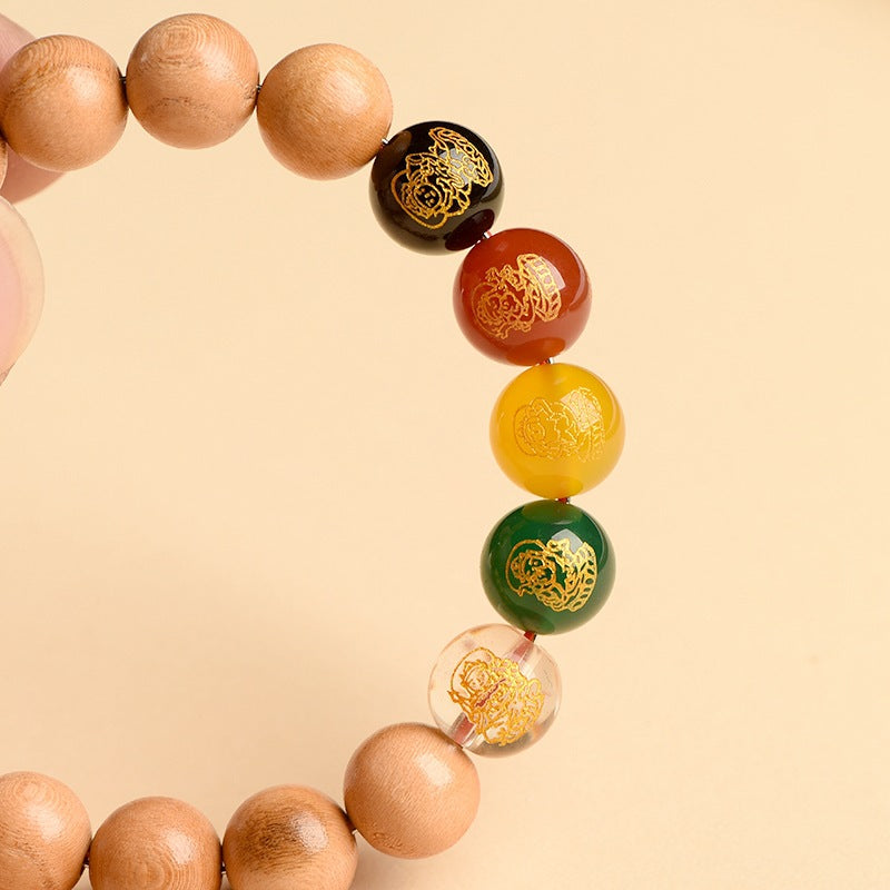 Taishan Peach Wood Zodiac Buddha Wealth God Bracelet - Spiritual Protection & Fortune Amulet