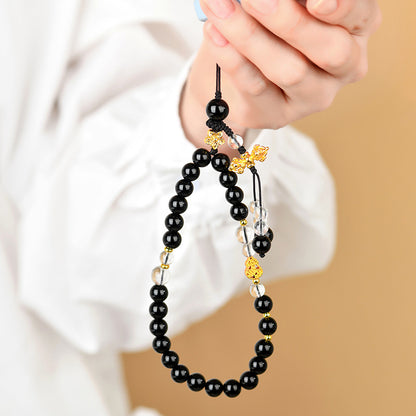 Natural Obsidian White Crystal Phone Charm Pendant | Chinese Retro Style Temple Blessing Ornament