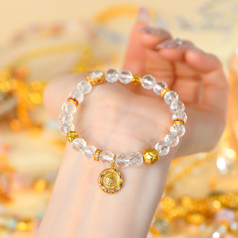Faceted White Crystal Wealth God Lotus Bracelet - Golden Prosperity & Spiritual Protection