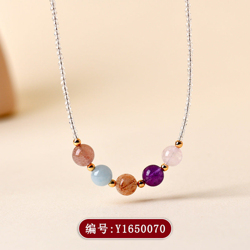 Natural Crystal Multi-Gem Collarbone Necklace with Strawberry Quartz and Aquamarine | Spiritual Energy Jewelry