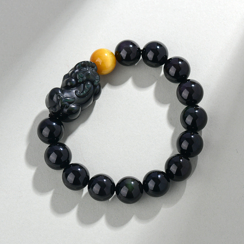 Natural Rainbow Eye Obsidian Pixiu Bracelet - Wealth and Protection Talisman for Couples