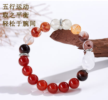 Natural Crystal Five Elements Bracelet with Lucky Pixiu - Unisex Couple Style for Balance and Wealth