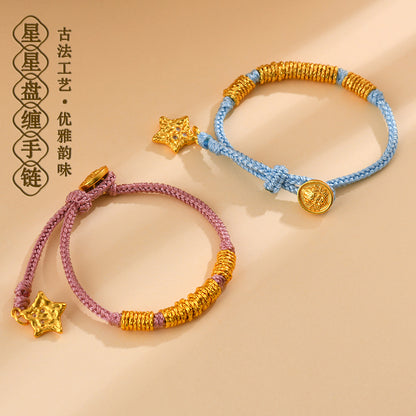 Golden Hammered Star Braided Bracelet | Ancient Craftsmanship Unisex Celestial Protection Jewelry