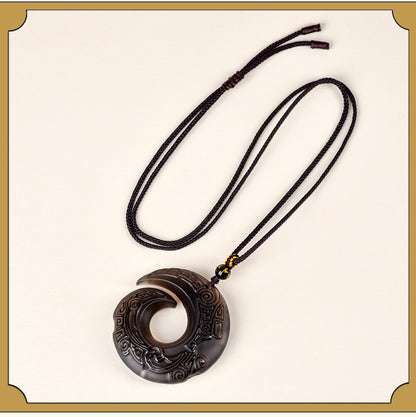 Natural Mexican Obsidian Lucky Pendant | Peace Buckle Necklace for Spiritual Protection