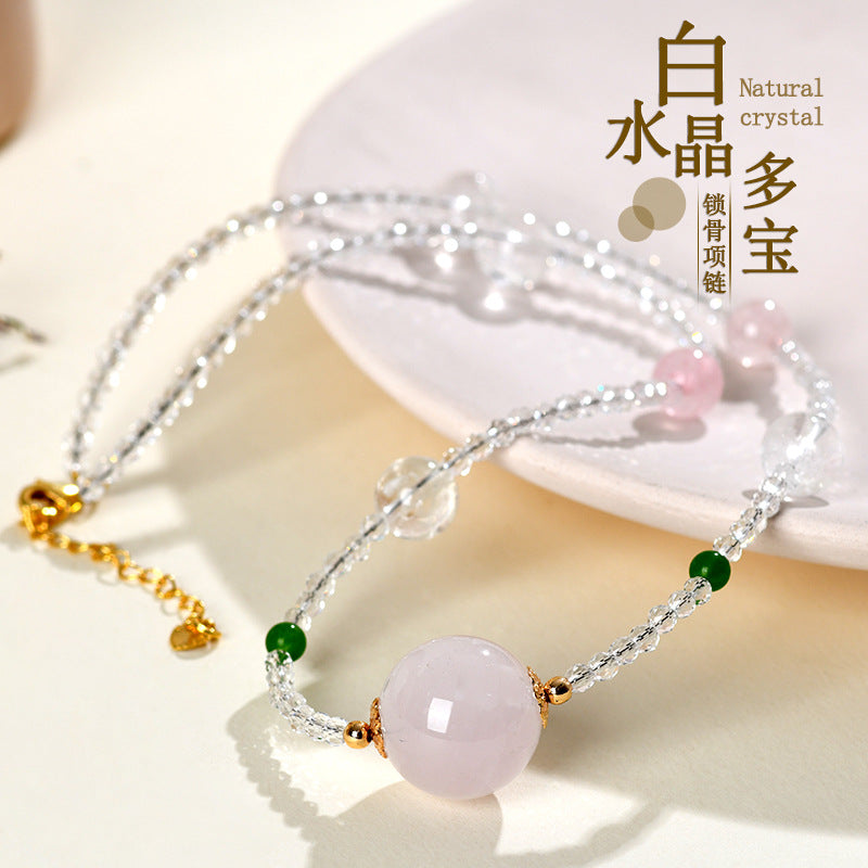 Natural White & Pink Crystal Round Bead Pendant Necklace | Spiritual Elegance & Protection