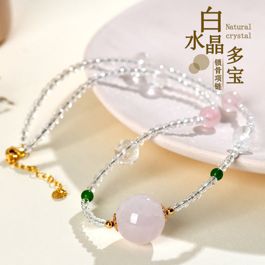 Natural White & Pink Crystal Round Bead Pendant Necklace | Spiritual Elegance & Protection