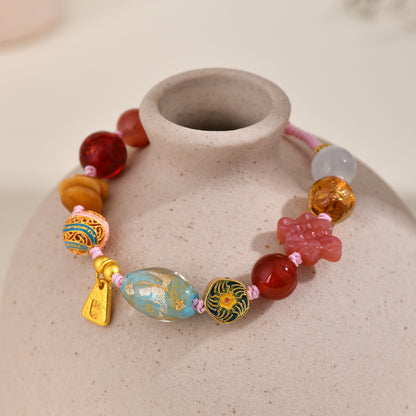 Twelve Treasures Glazed Agate Bracelet | Spiritual Protection & Wealth Amulet for Women