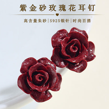 Natural Cinnabar Purple Gold Sand Rose Flower Earrings | Chinese Style Spiritual Jewelry