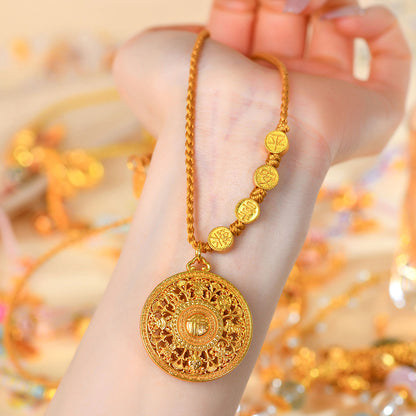 Golden Eight Treasures Compass Pendant with Fu and Swastika Charm Necklace
